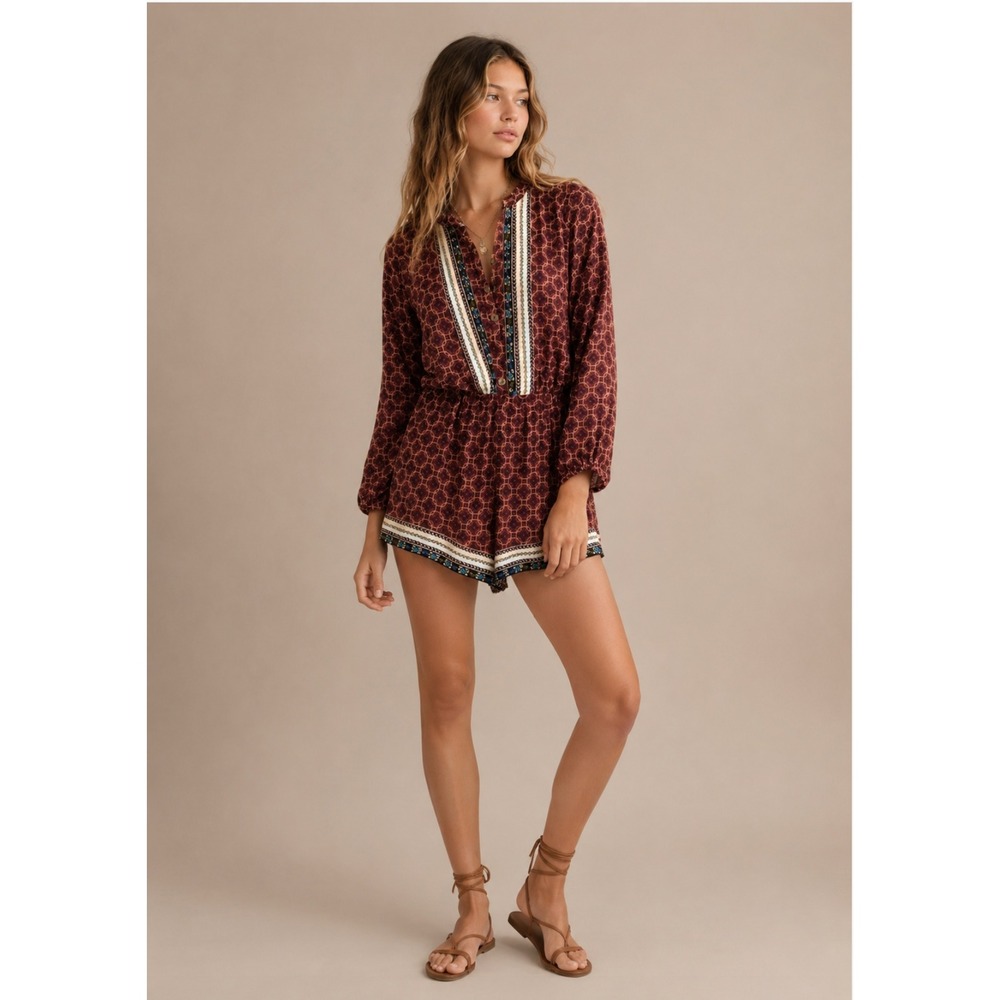 Truly Me Romper 10 Burgundy Geometric Boho Embroidered Long Sleeve Festival